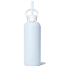 a light blue water bottle with a straw in the top, and a white lid