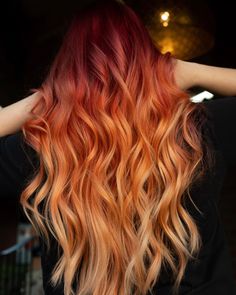 Red Melt Hair Color, Red To Yellow Hair, Vivid Color Melt, Red Color Melt Hair, Red Orange And Yellow Hair, Red Orange Yellow Hair, Fire Hair Color, Yellow Hair Dye, Hair Melt