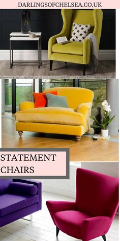 four different types of chairs in various colors