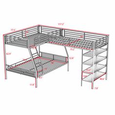 a metal bunk bed with stairs and storage shelves on the bottom level is shown in red