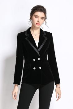 Our spectacular double-breasted Chic Velvet Blazer is made of thick velvet fabric and features a fitted style and sharp shoulders. Peak lapels with satin inserts and rhinestone buttons at the front, back, and sleeves add a touch of elegance and glam to this blazer. This Chic Velvet Blazer will elevate any evening look even if you wear a plain dress. Please check a size chart and size up if you are between sizes. Black Blazer Casual, Sharp Shoulders, Cozy Coats, Plain Dress, Crystal Buttons, Velvet Blazer, Casual Blazer, Black Blazer, Velvet Fabric