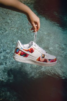 Custom Nike Air Force 1s with Colorful Rainbow Design Rainbow Nikes, Shoe Artwork, Nike Air Force 1s, Air Force 1s, Painted Sneakers, Custom Kicks, Custom Air Force 1, Custom Nikes, Womens Tie