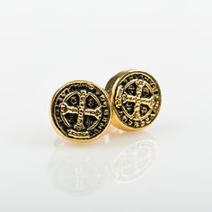 Benedictine Cross Stud Earrings Gold My Saint My Hero - Inspirational Jewelry Cross Stud Earrings, Cross Medal, Cross Earrings Studs, Inspirational Jewelry, Stud Earrings Gold, Tickled Pink, Gold Earrings Studs, My Hero, Earrings Gold