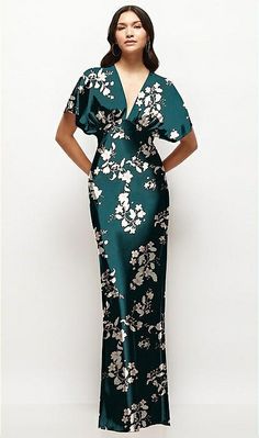 Plunge Neck Kimono Sleeve Floral Satin Bias Maxi Bridesmaid Dress In Vintage Primrose | The Dessy Group Charmeuse Bridesmaid Dress, Dessy Bridesmaid Dresses, Modern Bridesmaid Dresses, Floral Satin Dress, Bias Dress, Long Sleeve Bridesmaid Dress, Trends 2025, Maternity Bridesmaid Dresses, Gold Evening Dresses