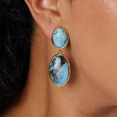 Connie Craig Carroll Jewelry Essie Galaxy Stone Double Drop Earrings Fascinatingly pretty with mesmerizing swirls of blues and greens, Galaxy stone makes this earring the kind of jewelry you build a look around.       Each approx. 1-7/8"L x 11/16"W     Goldtone finish; stamped .925 sterling silver (earrings' posts only)     Pierced with bullet-disc backs with sterling silver posts   Stone Information       All sizes and weights approximate     Stabilized Blue and Green Galaxy Stone [Calcite, Azu Green Galaxy, Color Bands, Jewelry Show, 925 Sterling Silver Earrings, Essie, Sterling Silver Earrings, Different Colors, Silver Earrings, Gold Tones