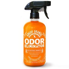 an orange spray bottle is shown on a white background with the words odor eliminator