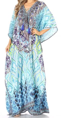 Sakkas  Georgettina Flowy  Rhinestone V Neck Long Caftan Dress / Cover Up#color_TRG225-Green Printed Flowy Kaftan For Beach Cover-up, Printed Flowy Maxi-length Cover-up, Flowy Printed Maxi Length Cover-up, Elegant Floor-length Beach Dress, Elegant Boho Print Maxi Dress For The Beach, Floor-length Blue Beachwear Dress, Elegant Flowy Maxi-length Cover-up, Blue Floor-length Beachwear Dress, Flowy Boho Print Maxi Kaftan