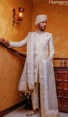 mens sherwani style Pakistani Bridal Gown, Arabian Costume, Men Sherwani, Sherwani For Men Wedding, Indian Groom Wear, Sherwani Groom, Mens Sherwani, Pink Shawl, Pakistani Wedding Dress