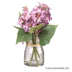 purple flowers in a glass vase with green leaves