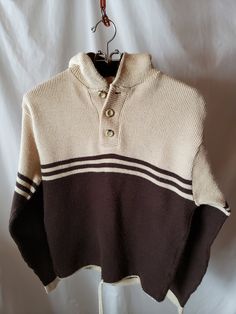 "80's Sweater Brown & Tan striped hoodie w/drawstring  - 3 button Henley neckline - drawstring on bottom - I think this is a wool blend but not positive, could be acrylic & polyester. Either way this rare vintage rescue is sure to last & keep you warm   Soft enough to be warn alone, but I'd put over a Tshirt. Excellent condition No sz tag 22\" across shoulders 21\" across underarms  27\" sleeves    19.5\" across waistline  25\" shoulders down to waistline Eco-friendly shop Packaged with love! Th Nice Closet, Grandpa Core, Vintage Clothing Shop, 80s Sweater, Grandpa Sweater, Pullover Sweater Men, Sweater Brown, Flaws And All, Brown Outfit