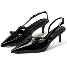 PRICES MAY VARY. 2-1/2" Kitten Heels: Experience elegance with our 2.36 inch low heels, designed to provide just the right lift for all-day comfort Black Heels: Stand out in our stunning black pumps. The vibrant color adds a bold touch to any outfit Slingback Heels: Enjoy breathable comfort with backless slingback pumps. The chic design elastic band ensures a secure fit, ideal for long days and stylish nights Pointed Toe Heels: Enhance your silhouette with our black pointy toe pumps. The sleek design adds a touch of sophistication to any look Buckle Design Heels: Each pair of buckle pumps features meticulously crafted buckles, showcasing quality and ensuring elegance with every step Perfect Fit with US Sizing: MUCCCUTE buckle design kitten heels are available in a wide range of US sizes, o Luxury Kitten Heels, Black Pointy Heels Outfit, Low Kitten Heels, Low Heels Black, Comfortable Kitten Heels, Black Leather Kitten Heels, Black Pointed Toe Kitten Heels, Black Heels Png, Kitty Heels Outfit