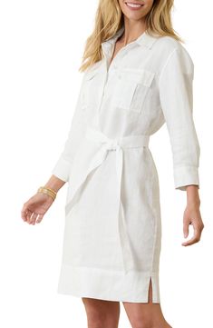 A hidden-button half placket subtly elevates this breezy linen shirtdress featuring a removable tie belt and roll-tab cuffs for easy adjustments all day long. 38" length Hidden-button half placket Spread collar Three-quarter sleeves with roll-tab cuffs Chest patch pockets Removable tie belt Side slits Unlined 100% linen Machine wash, line dry Imported Elegant Shirt Dress With Roll-up Sleeves For Daywear, Elegant Spring Shirt Dress With Roll-up Sleeves, Spring Shirt Dress With Belted Cuffs And Spread Collar, Spring Shirt Dress With Belted Cuffs, Elegant Workwear Shirt Dress With Roll-up Sleeves, Elegant Collared Shirt Dress With Roll-up Sleeves, Elegant Shirt Dress With Roll-up Sleeves, Elegant Shirt Dress With Rolled Sleeves For Spring, Classic Linen Shirt Dress With Spread Collar