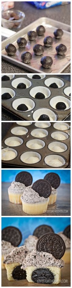 the process of making oreo cupcakes is shown in three different stages, including baking