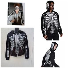 The Black & Bone Hoodie For Adults Gives New Meaning To The Term "The Walking Dead!" This Long-Sleeve Black Sweatshirt Features A Detailed X-Ray Skeleton Print On The Front And Back, Including Skull Profiles On Either Side Of The Hood. Rock This Spooky Look On Halloween Or Every Day Brand Black And Bone Item Skeleton Hoodie Size One Size Fits Most Fits Like A Small Measurements Pictured Not Responsible For Fit Or Size Condition New With Tags And Packaging Items Can Contain Unseen Flaws Please See Pictures Carefully As They Are Part Of The Description. Click On Photos For Close-Up Feel Free To Ask Questions Ocassion Trendy, Popular, Stylish, Fashion Apparel, Fashionable, N Halloween Hooded Outerwear With Skull Print, Halloween Punk Hoodie With Skull Print, Punk Halloween Hoodie With Skull Print, Hooded Halloween Costume Outerwear, Punk Halloween Hoodie With Skull Design, Punk Skull Hoodie For Halloween, Halloween Cosplay Hoodie Outerwear, Halloween Black Outerwear With Skull Print, Black Skull Hoodie For Halloween