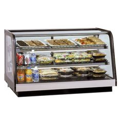 a refrigerated display case filled with food