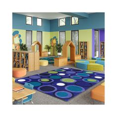 a room filled with lots of furniture and colorful rugs on top of carpeted flooring