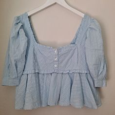 Reposhing This Item I Purchased From @Thegirls98. Loved It, But Ready To Rotate For Something New. Questions? Leave A Comment Below! Cute Ruffled Puff Sleeve Tops, Cute Light Blue Cotton Blouse, Cute Blue Puff Sleeve Blouse, Chic Blue Peplum Top With Ruffles, Cute Light Blue Tops For Day Out, Blue Peplum Top For Summer, Blue Ruffled Peplum Top For Spring, Spring Cotton Peplum Top With Puff Sleeves, Cute Fitted Light Blue Blouse