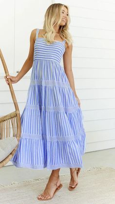 F00184672-204 Cami Maxi Dress, Maxi Robes, Striped Maxi, Line Dress, Dress Maxi, Summer Fashion Outfits, Maxi Dress Blue, Lace White Dress, Women Clothes