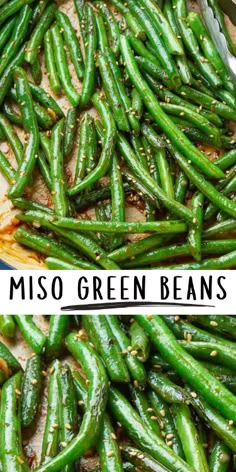 green beans being cooked in a skillet with the words miso green beans on top