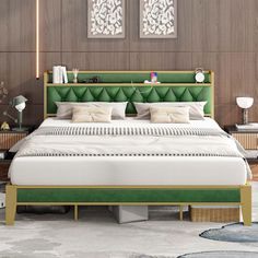 a bed with green headboard and pillows in a room