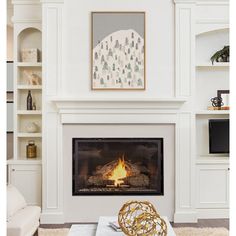 a living room with a fire place and bookshelves on the wall above it