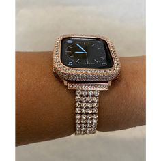 Bling Hand Made Apple Watch Band Style Replacement. Fits the Apple Watch available for sizes 38,40,41,42,44 and 45mm in series 1,2,3,4,5,6,8 or SE Men's & Women's. This is a custom design made to fit the Apple Watch, it is not a brand copy. Hand-made plated rhinestone, Large 3mm round Swarovski Crystals set in a Custom Rose GoldZinc Plated Alloy Metal Band for extra shine and durability. Wrist size fits 5.75 inch to 8 inch, changing size only click and unfold without link removal tool Huge Spark Apple Watch Band Women, White Watches Women, Custom Apple Watch Bands, Apple Watch Bands Women, Ceramic Apple, Rose Gold Apple Watch, Gold Apple Watch, Iphone Watch, Gold Apple