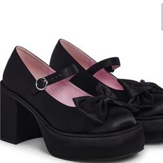 Brand New Black Platform, Mary Jane With Large Satin Bow Gorgeous, Can Be Worn With Any Outfit Htf Size 9 Wizard Of Oz Shoes, Mary Jane Platforms, Black Mary Janes, Marry Jane, Black Mary Jane Heels, Dolls Kill Shoes, Dr Closet, Gothic Shoes, Platform Mary Janes