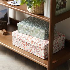 three boxes stacked on top of each other in front of a book shelf with plants