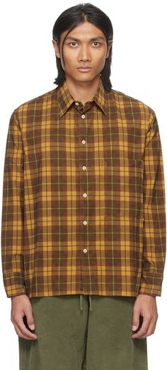 Overdyed cotton corduroy shirt. Check pattern throughout. · Spread collar · Button closure · Patch pocket at chest · Shirttail hem · Adjustable single-button barrel cuffs · Pleats at back yoke Supplier color: Mustard Classic Brown Shirt With Patch Pockets, Cotton Flannel Shirt With Patch Pockets, Brown Cotton Shirt With Patch Pockets, Brown Button-up Cotton Flannel Shirt, Brown Cotton Shirt With Button Cuffs, Brown Cotton Shirt With Pockets, Vintage Button-up Shirt With Patch Pockets, Vintage Shirt With Button Cuffs And Relaxed Fit, Plaid Cotton Shirt With Welt Pockets