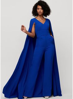 Royal Blue Gowns Elegant Formal, Royal Blue Formal Jumpsuit, Evening Jumpsuits Classy Formal, Blue Wedding Jumpsuit, Pantsuit With Cape, Jumpsuit Dress Formal, Evening Jumpsuits Classy, Royal Blue Jumpsuit Outfit, Jumpsuit Outfit Formal