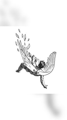 an ink drawing of a man falling from a bird's wing with his head in the air