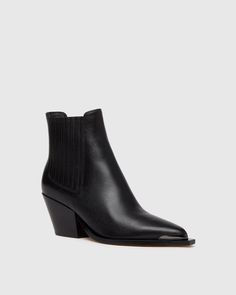 Meet Lyra, our new soft pointed toe ankle boot. Crafted from slight tumbled black leather, this style is designed with finger gore detail at the sides and a gunmetal metal rand at the toe, an extended smooth leather welt with a square shape that frames the toe, and a black leather stacked underslung cupped block heel. | Lyra Boot - Black Leather | Size 8 Men Store, Denim Shoes, Black Leather Boots, Square Shape, Black Ankle Boots, Smooth Leather, Black Boots, Block Heels, Ankle Boot