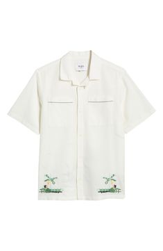 Palm-themed cross-stitching lends an artisanal touch to a festival-ready camp shirt cut from a breathable blend of cotton and linen. 28" length; 43" chest (size Medium) Front button closure Convertible collar Short sleeves Chest patch pockets 84% cotton, 16% linen Machine wash, line dry Imported Wax London, Convertible Collar, Skirt Swimsuit, Camp Shirt, Side Splits, Suit Separates, Short Suit, Pant Shirt, Camping Shirt