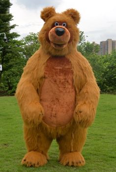 a large brown bear standing on top of a lush green field