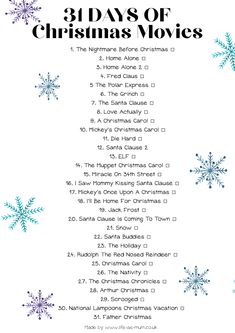 the 31 days of christmas movies list with snowflakes on white paper and blue lettering