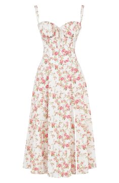 Freshen up your garden-party style in a bustier sundress fashioned with a drawstring-tie sweetheart neck, lace-up back and a thigh-baring slit. Exclusive retailer 48 length (size Medium) Sweetheart neck Lined, with padded cups and boning in bodice 65% cotton, 32% nylon, 3% polyester Dry clean Imported Plus-koon Muoti, Floral Bustier, Waist Shapers, Summer Garden Party, Midi Sundress, Estilo Chic, Garden Parties, Bustier Dress, Rock Design