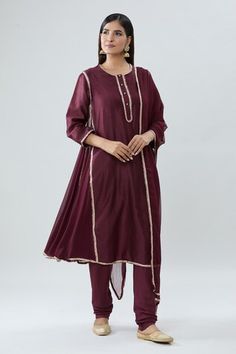 Wine anarkali with gota embroidered borders. Comes with churidar and a dupatta. - Aza Fashions Festive Anarkali Palazzo Set With Embroidered Border, Anarkali Churidar With Embroidered Border For Festive Occasions, Festive Anarkali Churidar With Embroidered Border, Anarkali Churidar With Embroidered Border In Chanderi, Festive Anarkali Salwar Kameez With Embroidered Border, Anarkali Churidar With Embroidered Border For Diwali, Diwali Anarkali Churidar With Embroidered Border, Anarkali Churidar With Embroidered Border And Straight Kurta, Festive Anarkali Set With Embroidered Border For Eid