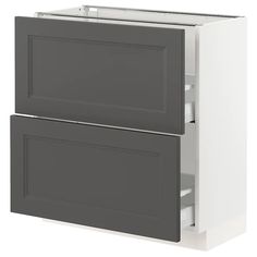 a white and gray cabinet with two doors on each side, one door open to reveal the bottom drawer