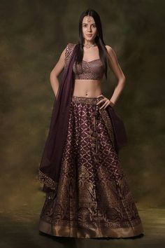 Purple silk lehenga with an attached cancan and gota, thread, mirror and sequins embroidery. Comes with a padded blouse and an organza dupatta. - Aza Fashions Cape Lehenga, Lehenga And Blouse, Purple Lehenga, Kurta Lehenga, Lehenga Pattern, Padded Blouse, Lehenga Skirt, Blouse Silk, Embroidered Lehenga