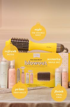 What it is: A limited-edition set featuring best-seller hair care products that will help you achieve a smooth, shiny blowout at home.Set includes:-  Double Shot Blow-Dryer Brush: a tool that combines the hot air of a blow-dryer with the structure of a round brush to create a smooth, shiny blowout with volume-  Detox Original Scent Dry Shampoo (3.8 oz.): a super-absorbent dry shampoo that eliminates oils and impurities, leaving hair looking and feeling clean and refreshed- Prep Rally Prime & Pre Blow Out Bar, Blow Dry Brush, Double Shot, Finishing Spray, Blow Dryer, Triple Sec, Dry Shampoo, Hot Air, Hair Looks