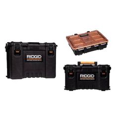 the ridgid tool box is black with brown handles and two large storage cases