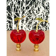 Lamp finial crafted from a red glass cherry mounted on shiny brass hardware sized to fit a standard-size lamp with a 1/4" stem. Glass Lamp Finials, Glass Finial Ornaments, Lamp Finials, Lamp Finial, 1940’s & 50’s Table Lamps, Red Glass, Brass Hardware, Finials, Cherry