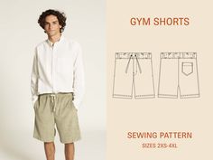 Shorts sewing pattern in men's sizes 2xs-4xl, Gym shorts with pockets PDF sewing pattern, Easy project for beginners These shorts are perfect for everyday wear, lounging around the house, or hitting the gym. Make in jersey, sweat, or light woven material. Choose from two length options - short or below the knee. With pockets, they are functional and stylish. The combination of comfort and style makes these shorts perfect for any occasion.  Skill level 2/4 With easy-to-follow detailed instruction Mens Shorts Sewing Pattern, Shorts Sewing Pattern, Shorts Sewing, Mens Gym Shorts, I Support You, Pattern Printable, Jacket Pattern Sewing, Pants Sewing Pattern, Sewing Pattern Sizes