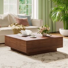 a living room with a couch, coffee table and potted plant