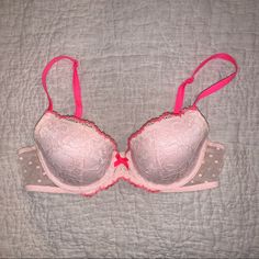 Baby Pink And Neon Pink Trim, Never Worn Victoria’s Secret Lace Bra With Sheer Mesh Sides. Very Soft, Dainty And Feminine Yet Sexy. Cute Lace Bra, Coquette Bra, Vs Pink Bras, Pink Lace Bra, Pretty Bras, Cute Bras, Men Streetwear, Sleep Wear, Pink Trim