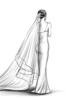 personalized black and white sketch of bride digital download of bride in sleek sheath dress and cascade angel cut ribbon wedding ve Bride To Be Drawing, Wedding Veil Sketch, Veil Sketch, Hood Sketch, Bride Sketch, Bridal Sketches, Wedding Dress Drawing, Bride Drawing, Wedding Dress Sketch