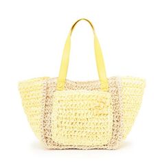 a yellow and white handbag with handles on the front, sitting against a white background