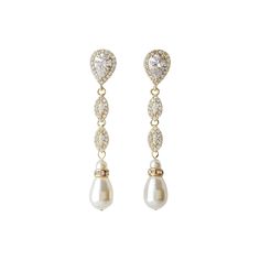 Delicate 14k Gold Plated Pearl Drop Wedding Earrings Wear these gold pearl drop earrings that are delicate and perfect for brides and their wedding day look, If gold drop earrings with pearls are your preference then these slim bridal gold earrings design must be definitely considered for its elegance. These pearl drop earrings are beautifully crafted with marquise design cubic zirconia in 14K gold plating. The pearl drop earrings naturally sway when you move. The drop earrings measure perfectly Bridal Gold Earrings, Gold Pearl Drop Earrings, Silver Pearl Drop Earrings, Wedding Jewellery Designs, Long Bridal Earrings, Pearl Drop Earrings Gold, Earrings With Pearls, Gold Earrings Wedding, Rose Gold Pearl