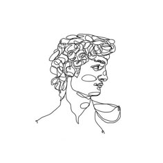 a black and white drawing of a man's head with curls on his hair