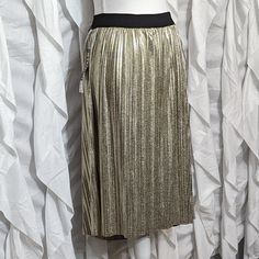 Studio 253 Gold Pleated Skirt- Vintage 90's Y2k Gold Metallic Color With Black Stretchy Banded Waist Pleated, Light And Flowy Size 1x Measures Approx: 17" Top Of Waistband Across, 26" Waist To Bottom Hem 95% Polyester, 5% Spandex Hand Wash Brand New With Tags! Perfect For Christmas! Or Halloween! Part Of A Fun Snazzy Costume Or Cosplay Gold Pleated Fitted Skirt, Fitted Gold Pleated Skirt, Gold Fitted Pleated Skirt, Gold Pleated Skirt For Spring, Spring Gold Pleated Skirt, Gold Midi Skirt For Night Out, Gold Long Skirt For Night Out, Spring Pleated Gold Skirt, Chic Knee-length Gold Skirt